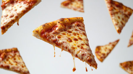 Enjoy a dynamic scene of pizza slices soaring through the air, showcasing delicious details and vibrant colors, perfect for food lovers and culinary enthusiasts.の素材