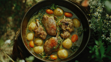 This stunning aerial shot showcases a flavorful chicken bowl filled with fresh ingredients, herbs, and vegetables, inviting culinary delight. Perfect for food lovers!の素材