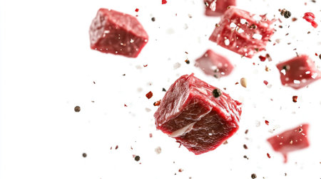 Experience vibrant raw beef cuts gracefully flying in motion, surrounded by spices. Perfect for culinary artwork, cooking ideas, and food presentations.の素材
