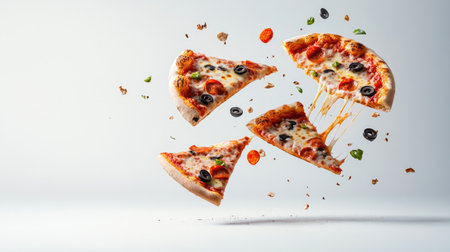 Explore the dynamic scene of vibrant pizza slices flying through the air, showcasing delicious toppings and melting cheese, perfect for food-related themes.の素材