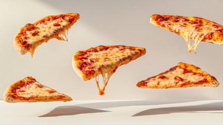 This vibrant image showcases floating slices of cheese pizza in an artistic composition, highlighting the delicious textures and colors perfect for food enthusiasts.の素材