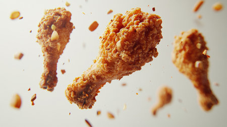 Enjoy a captivating image of crispy fried chicken legs floating gracefully in mid-air, showcasing their delicious texture and vibrant appeal perfect for culinary promotions.の素材