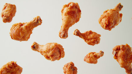 Enjoy the sight of enticing fried chicken legs soaring in the air. This image captures the crispy and golden texture of a delicious snack, perfect for gatherings or meals.の素材