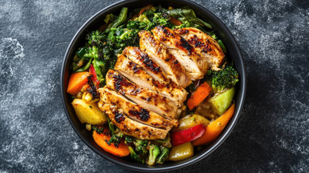 An inviting aerial view of a green curry chicken dish, featuring tender chicken slices atop a vibrant mix of fresh vegetables, creating a flavorful and healthy meal.の素材