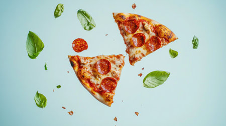 Enjoy these vibrant pizza slices topped with pepperoni and chicken, beautifully arranged with fresh basil on a blue background. Perfect for food lovers!の素材
