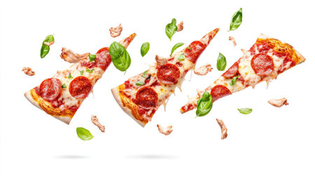 An appetizing arrangement of pepperoni pizza slices with fresh basil leaves, perfect for food lovers seeking tasty and visually appealing images.の素材