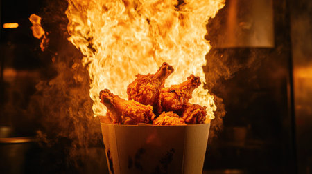 Experience the dynamic action of golden fried chicken bursting with flavor and heat, captured in a fiery moment that highlights its crispy texture and delicious appeal.の素材