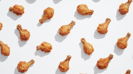 An inviting overhead view showcasing crispy fried chicken legs arranged artfully on a flat surface. Perfect for any food-themed project, this image highlights deliciousness and comfort.の素材