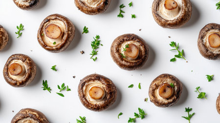 This elegant presentation showcases dried shiitake mushrooms arranged with fresh herbs, highlighting their unique colors and textures in a stylish composition.の素材