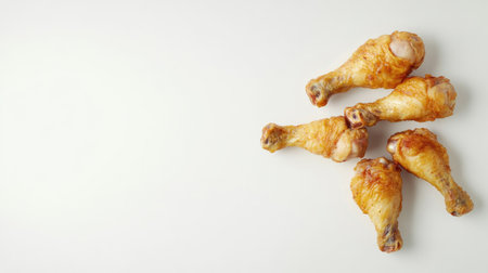 Discover an appealing overhead view of fried chicken legs, showcasing their crispy texture and golden color. Perfect for culinary inspiration and food lovers.の素材