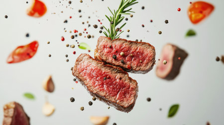 Experience the beauty of airborne beef steak slices, perfectly seasoned with spices and garnished with herbs, creating a delicious culinary masterpiece.の素材