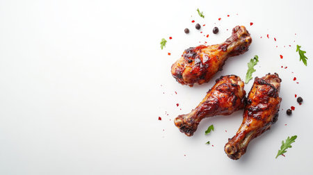 Enjoy an overhead view of delectable fried chicken legs, beautifully garnished with herbs and spices, perfect for any meal or culinary occasion.の素材
