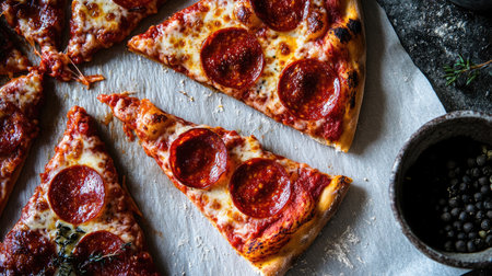 Captivating view of pepperoni pizza slices displayed elegantly on a rustic surface, showcasing fresh ingredients and inviting flavors perfect for any gathering.の素材