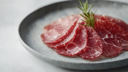 A close-up view of raw Wagyu beef slices arranged elegantly on a plate, garnished with a sprig of rosemary, showcasing its rich marbling and freshness.の素材
