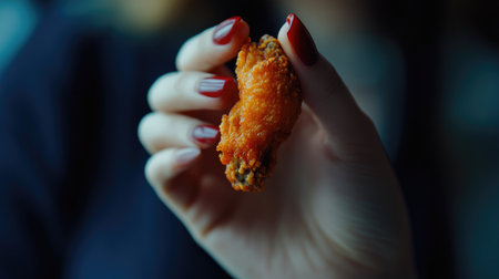 A close-up view of a woman's hand holding a crispy piece of chicken, showcasing the texture and color, ideal for food-related visuals and marketing.の素材