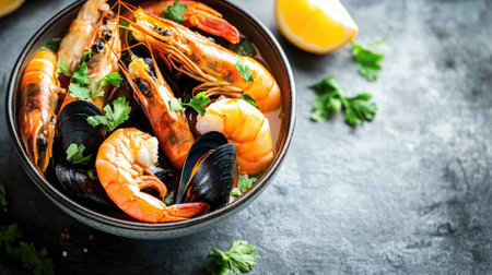 Delight in a vibrant bowl of fresh prawns and shellfish bathed in aromatic broth, garnished with herbs and served with lemon for a zesty twist.の素材
