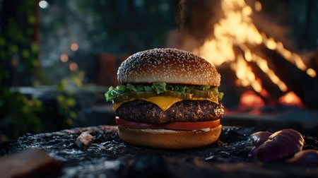 Enjoy a perfectly cooked cheeseburger with fresh toppings, showcasing a mouthwatering meal in a serene outdoor setting, ideal for summer picnics.の素材