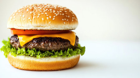 Enjoy a mouthwatering hamburger featuring a juicy beef patty, melted cheese, fresh lettuce, and a slice of tomato, all nestled in a sesame seed bun.の素材