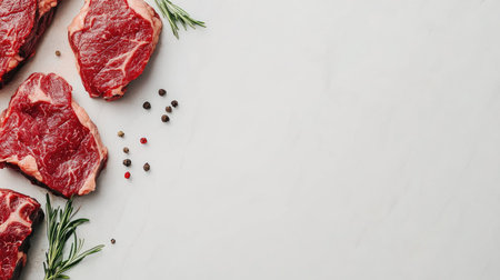 Discover the exquisite marbling and texture of premium Wagyu beef cuts arranged on a marble background, perfect for culinary inspirations and gourmet cooking.の素材