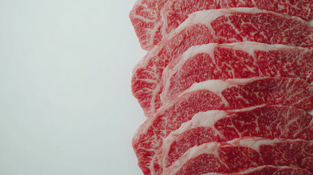 This close-up image showcases a premium slice of Wagyu beef, highlighting its beautiful marbling and vibrant color. Perfect for culinary projects or gourmet presentations.の素材