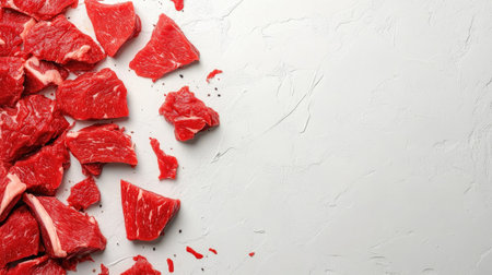 Bright and fresh raw red meat slices arranged artfully on a clean white surface, showcasing quality cuts ideal for culinary uses and meal preparation.の素材