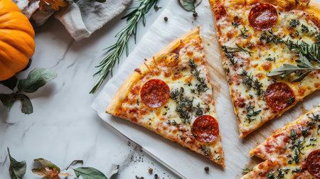 Indulge in these delicious slices of pepperoni pizza, beautifully arranged on a marble surface with fresh herbs, perfect for any meal or gathering.の素材