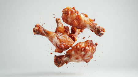 Enjoy the vibrant sight of crispy fried chicken legs captured in mid-air. This enticing image showcases delicious texture and mouthwatering appeal for food lovers.の素材