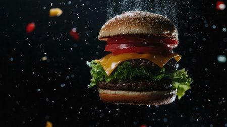 A captivating image of a cheeseburger mid-air, showcasing layers of cheese, fresh vegetables, and water droplets, perfect for food photography enthusiasts.の素材