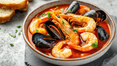 A close-up view of a vibrant seafood dish featuring shrimp and mussels in a rich tomato broth, garnished with fresh herbs. Perfect for seafood lovers.の素材