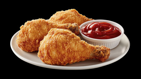 Savory fried chicken served on a white platter, accompanied by a bowl of ketchup. Perfect for meals, snacks, or presentations that tempt the taste buds.の素材