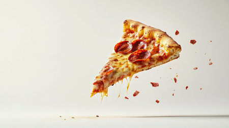 A dynamic image of a delicious pizza slice soaring in mid air. This captivating shot showcases the airborne delicacy, highlighting cheese and pepperoni. Perfect for food photography.の素材