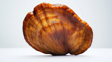 This artistic image features a large reishi mushroom, showcasing its intricate textures and vibrant colors against a clean background. Perfect for nature and health themes.の素材