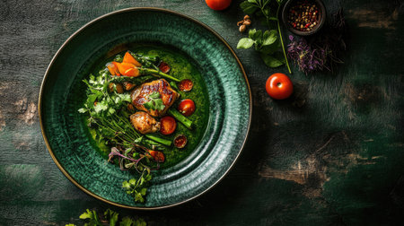 A beautifully arranged plate featuring chicken in green curry, garnished with fresh herbs and colorful vegetables, perfect for culinary enthusiasts.の素材