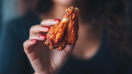 Close-up image showcasing a woman's hand delicately holding a flavorful chicken wing. The rich texture and crispy exterior create an inviting and appetizing scene. Perfect for food lovers!の素材