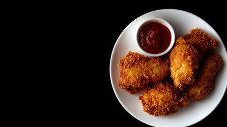 Enjoy an enticing plate of crispy fried chicken pieces served with a side of rich sauce. Perfect for appetizers or casual dining.の素材