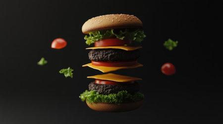 A visually striking floating cheeseburger featuring layers of cheese, tomato, and fresh lettuce. Perfect for showcasing fast food concepts or culinary creativity.の素材