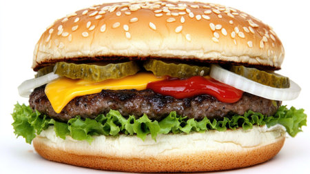 A delicious gourmet beef burger featuring a perfectly cooked patty topped with cheese, fresh vegetables, and condiments, all nestled in a sesame seed bun.の素材