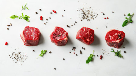 Discover an array of fresh raw beef steak cuts, featuring rich marbling and vibrant color. Perfect for culinary presentations and gourmet dishes.の素材
