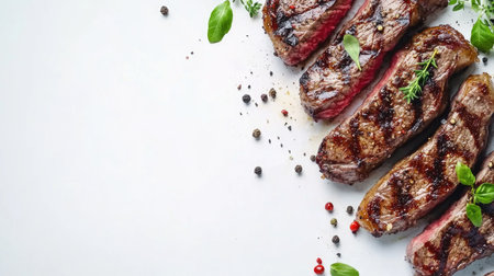 This image features juicy grilled beef steaks with rich grill marks, perfectly cooked and garnished with herbs and spices, ideal for culinary presentations.の素材