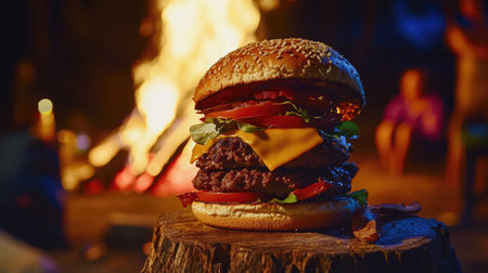 A high stacked savory cheeseburger featuring fresh ingredients beside a cozy campfire. Perfect for outdoor gatherings, it captures indulgence and flavor.の素材