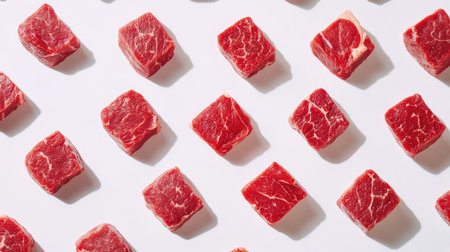 Discover vibrant raw beef cuts displayed in a fresh and pristine arrangement. Ideal for culinary use, recipes, or gourmet presentations showcasing quality ingredients.の素材