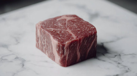 A premium cut of Wagyu beef showcasing intricate marbling. This high-quality meat offers both visual appeal and rich flavor, ideal for culinary enthusiasts.の素材