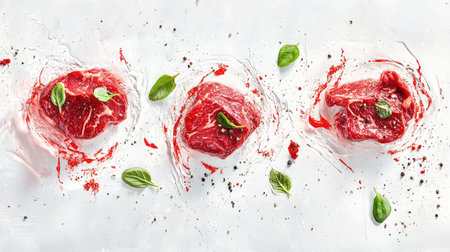 Three marinated raw beef steaks are highlighted on a clean surface, garnished with herbs and spices, ideal for culinary presentations and cooking inspiration.の素材