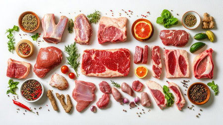 Explore a vibrant selection of fresh lean red meat cuts arranged beautifully for culinary inspiration, perfect for any gourmet recipe or meal preparation.の素材