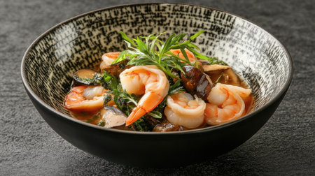 A beautifully presented seafood dish featuring fresh shrimp, vibrant greens, and aromatic herbs. Perfect for gourmet dining or culinary inspiration.の素材