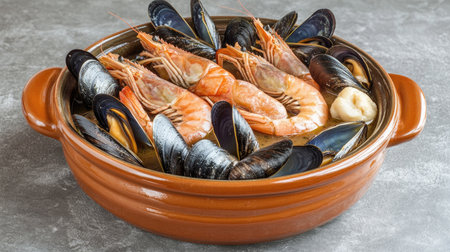 A stunning presentation of fresh seafood featuring shrimp and mussels, perfect for gourmet dining. Ideal for culinary displays and delicious meal ideas.の素材