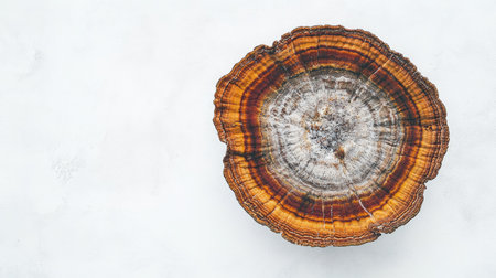 Stunning top view of a large reishi mushroom showcasing its intricate patterns and rich colors against a clean white background, perfect for nature-themed projects.の素材