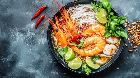 A vibrant bowl of fresh seafood Tom Yum soup with shrimp, noodles, lime, and herbs, showcasing a harmonious blend of flavors and textures. Perfect for food enthusiasts.の素材