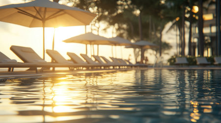 A tranquil poolside scene at sunset, featuring calm water and lounge chairs under umbrellas. This image evokes relaxation and serene vacation vibes.の素材
