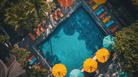 Aerial view of a vibrant pool surrounded by colorful umbrellas and lounge chairs, ideal for relaxation and enjoyment in a tropical resort setting.の素材